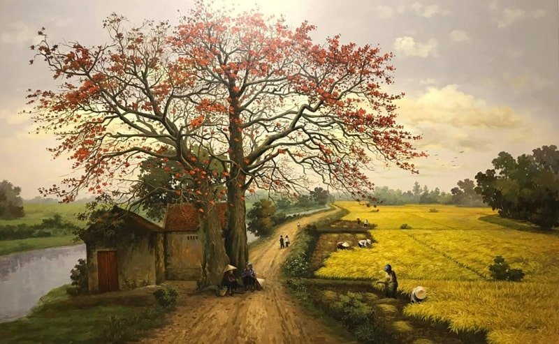 Tranh phong cảnh làng quê Việt Nam với cánh đồng lúa chín và cây gạo cổ thụ