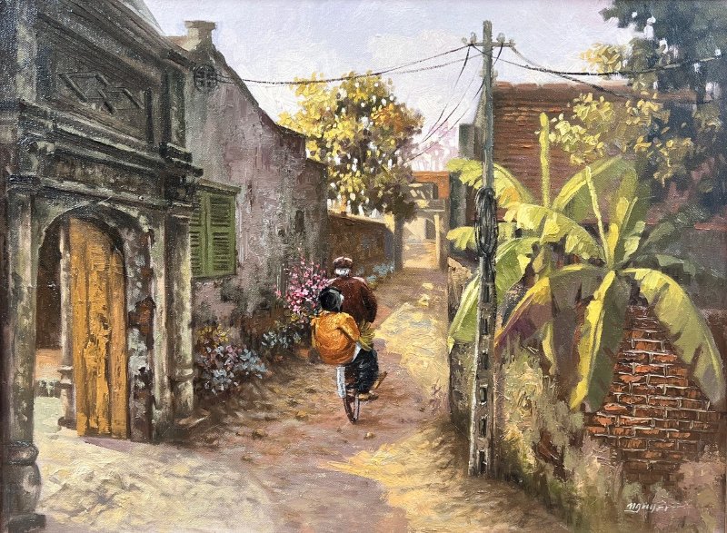Tranh phong cảnh làng quê ngày Tết với người chở cành đào trên con đường nhỏ