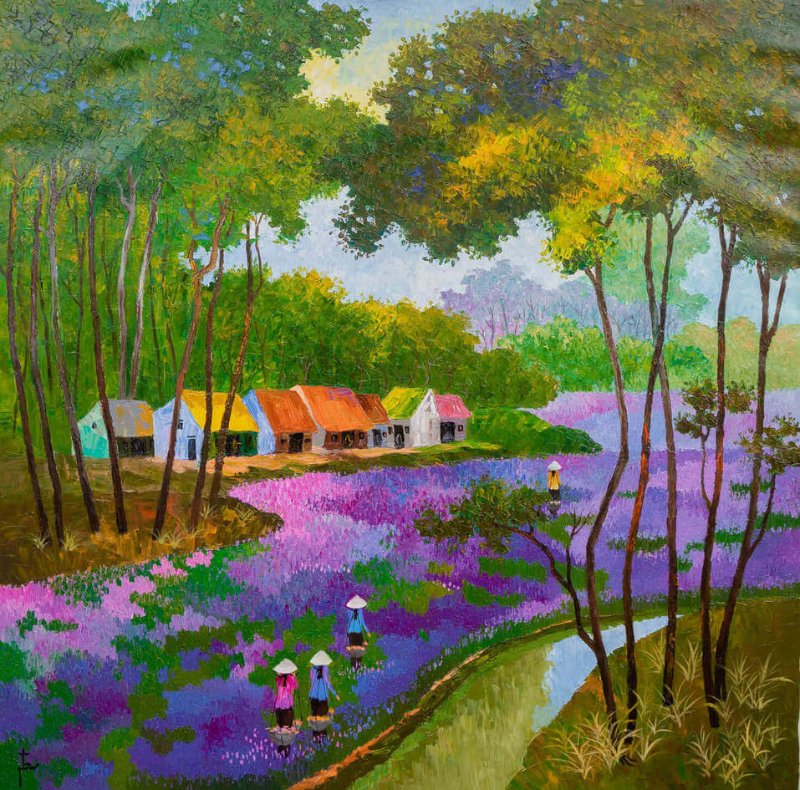 Tranh phong cảnh làng quê Việt Nam với cánh đồng hoa tím và những ngôi nhà nhỏ