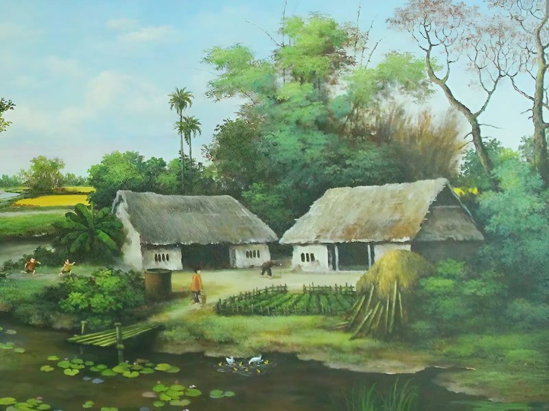 Tranh phong cảnh làng quê Việt Nam với mái nhà tranh, ao sen và khung cảnh nông thôn yên bình