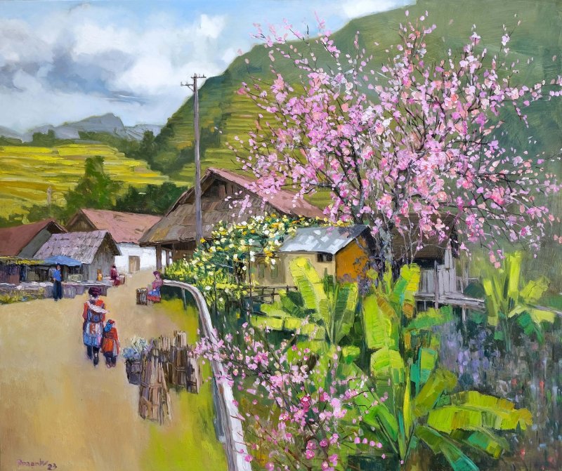 Tranh phong cảnh mùa xuân tại bản làng với hoa đào nở rực rỡ