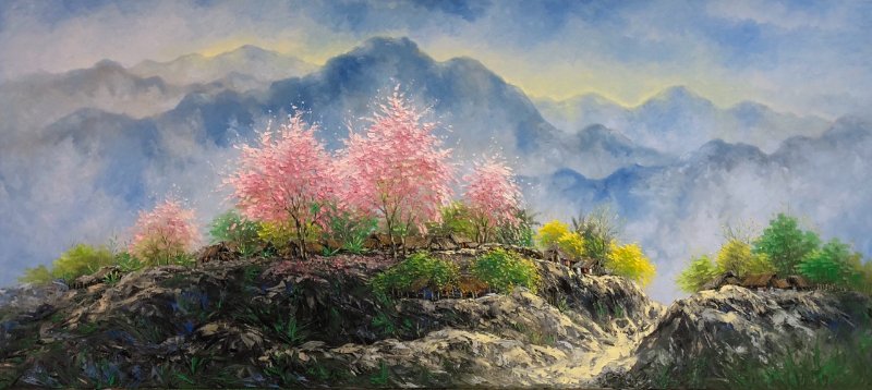 Tranh phong cảnh mùa xuân với hoa đào nở trên núi non hùng vĩ
