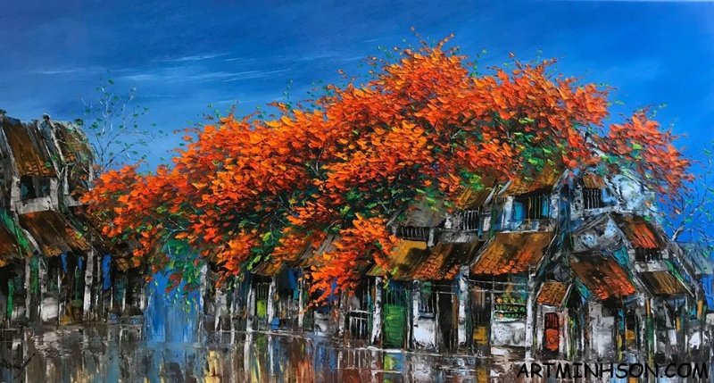 Tranh phong cảnh mùa xuân với hàng cây hoa phượng đỏ bên khu phố