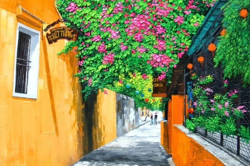 Tranh phong cảnh ngõ nhỏ phố cổ Hội An phủ giàn hoa giấy