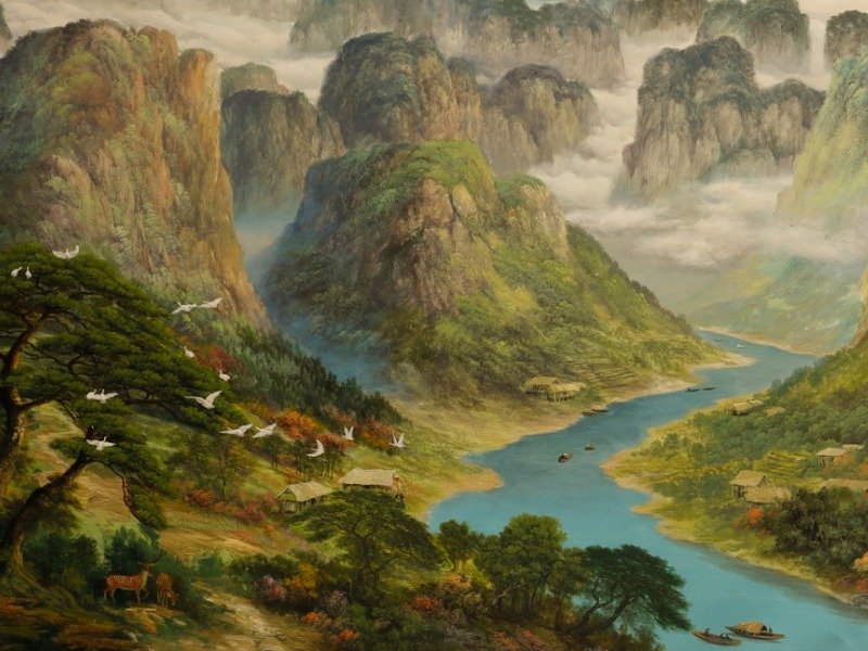 Tranh phong cảnh núi rừng và dòng sông uốn quanh thung lũng