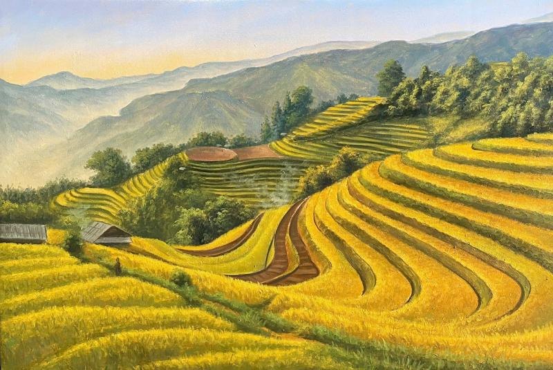 Tranh phong cảnh núi rừng Tây Bắc với những thửa ruộng bậc thang vàng óng trải dài
