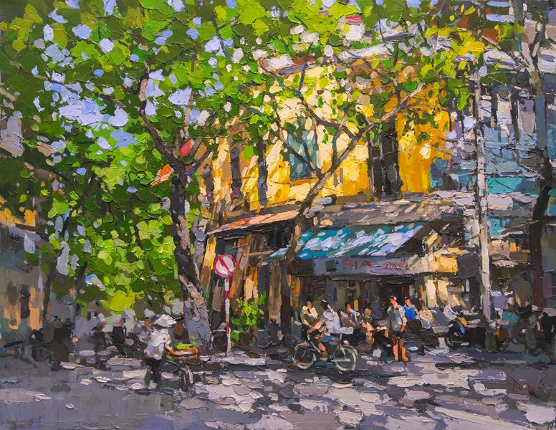 Tranh phong cảnh phố cổ Hà Nội dưới tán cây xanh với quán phố thân quen