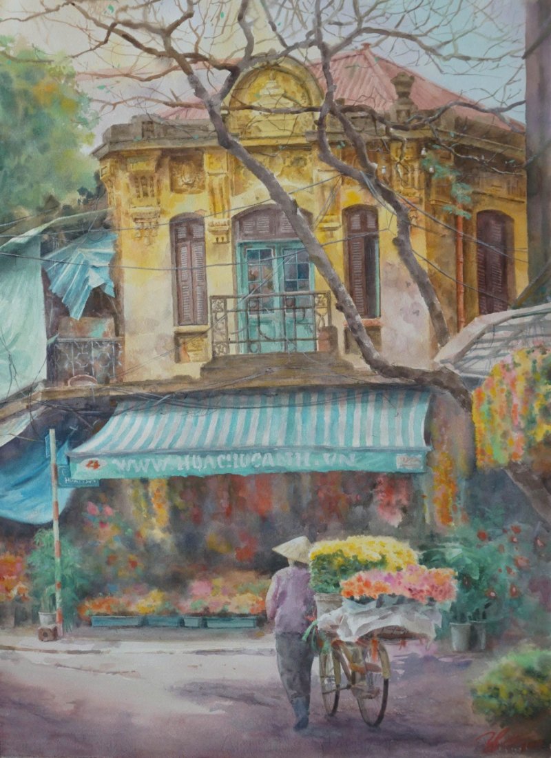 Tranh phong cảnh phố cổ Hà Nội với gánh hoa dưới ngôi nhà kiến trúc Pháp cổ