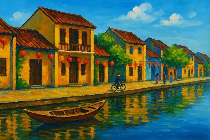 Tranh phong cảnh phố cổ Hội An bên dòng sông với thuyền gỗ và đèn lồng