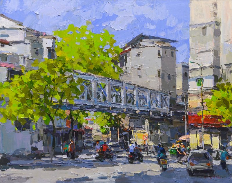 Tranh phong cảnh phố Cửa Đông Hà Nội với cầu vượt và nhịp sống đô thị
