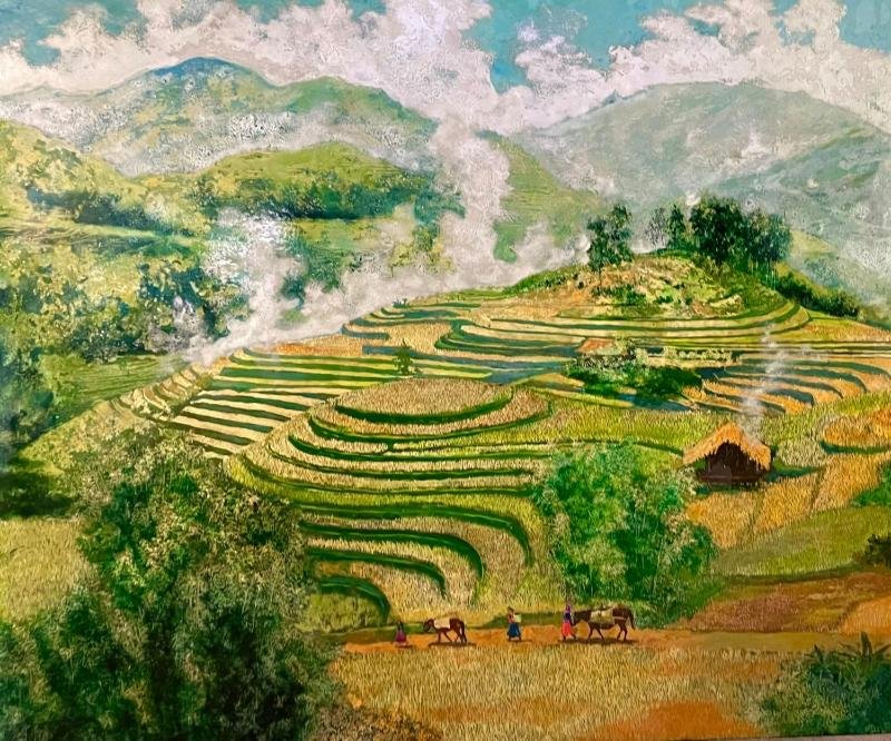 Tranh phong cảnh ruộng bậc thang và làng quê vùng cao Việt Nam