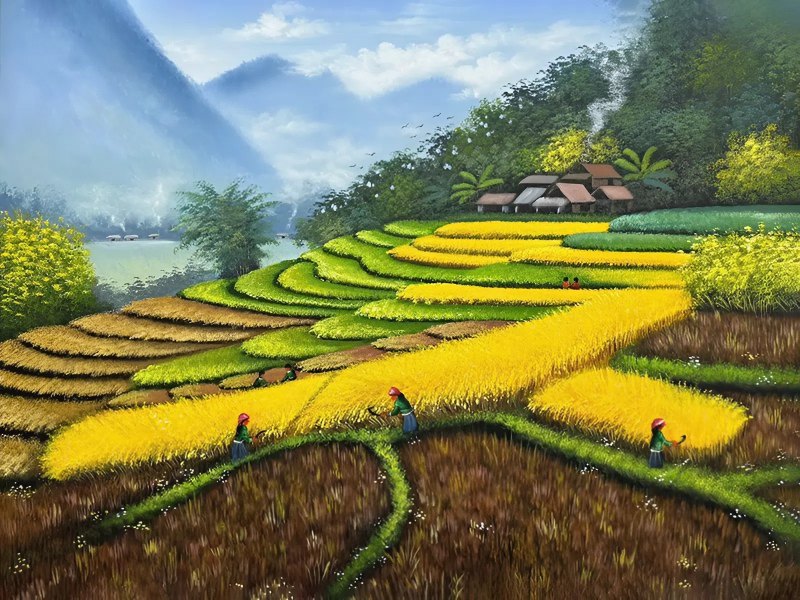 Tranh phong cảnh ruộng bậc thang Tây Bắc mùa lúa chín với bản làng giữa núi rừng hùng vĩ