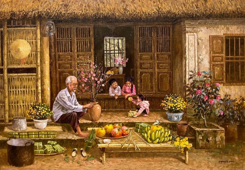 Tranh phong cảnh Tết đoàn viên với ông bà và con cháu sum họp