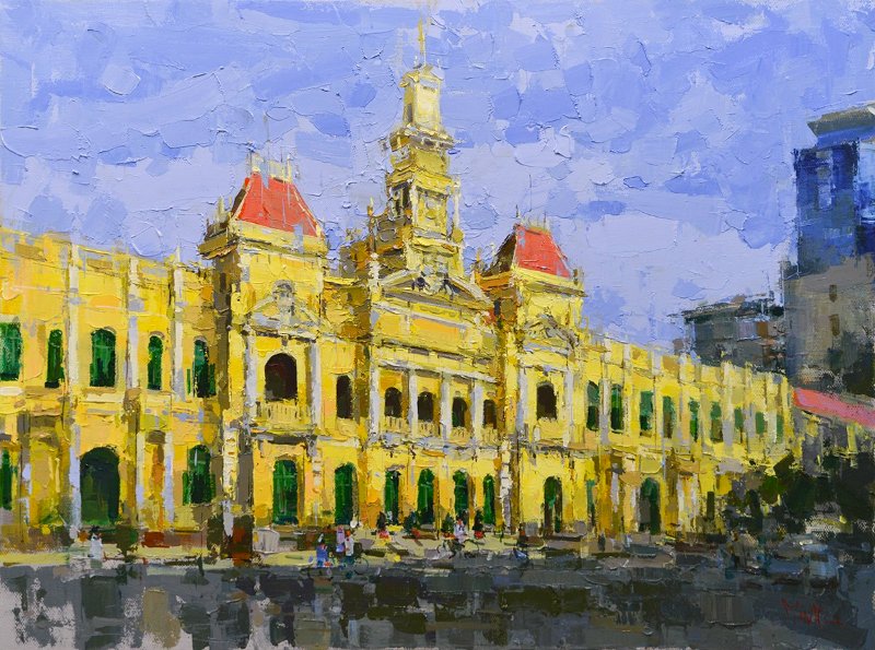 Tranh phong cảnh trụ sở Ủy ban Nhân dân Thành phố Hồ Chí Minh với kiến trúc Pháp cổ