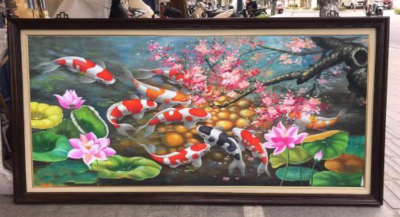 Tranh sơn dầu cá chép hoa sen khung gỗ