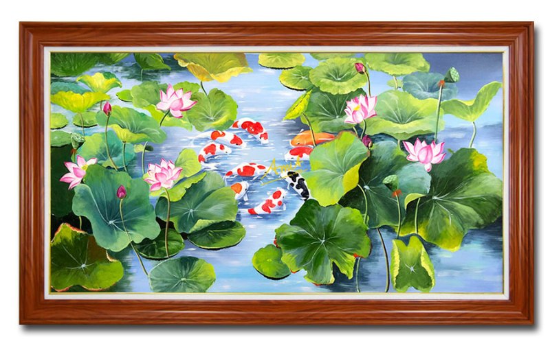 Tranh sơn dầu cá chép hoa sen treo phòng khách