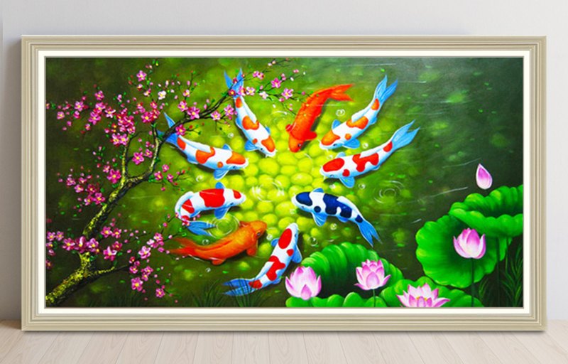Tranh sơn dầu cá chép hoa sen phong thủy