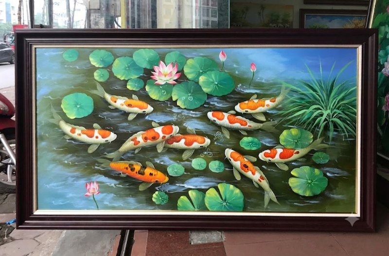 Tranh sơn dầu Cửu ngư quần hội hoa sen vẽ tay