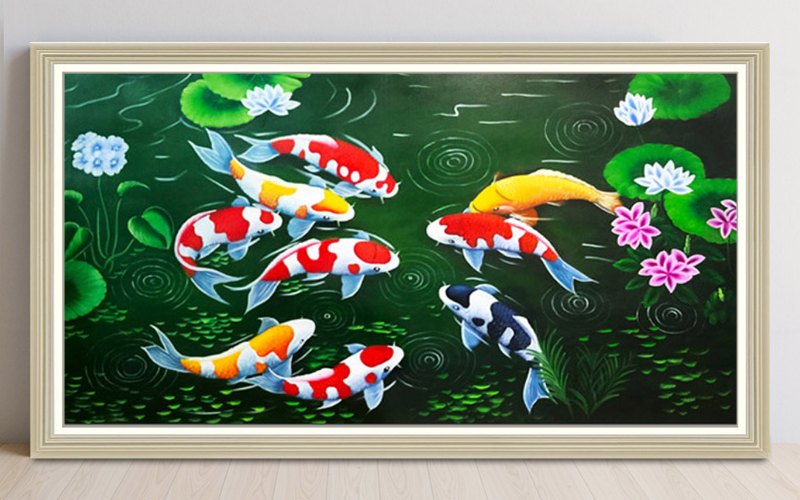 Tranh sơn dầu đàn cá chép hoa sen vẽ tay