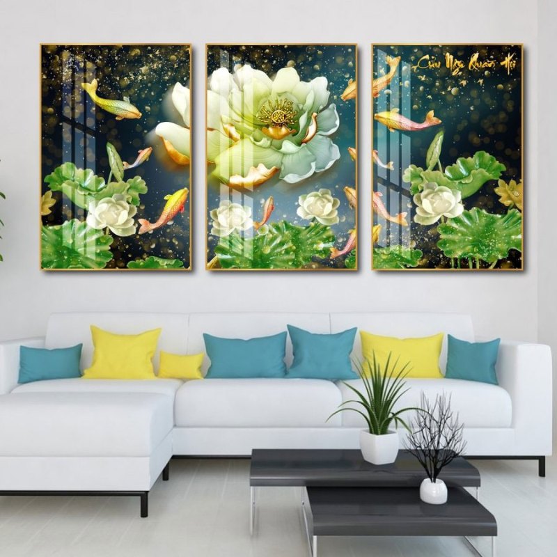 Tranh tráng gương 3D cá chép hoa sen ghép bộ phòng khách