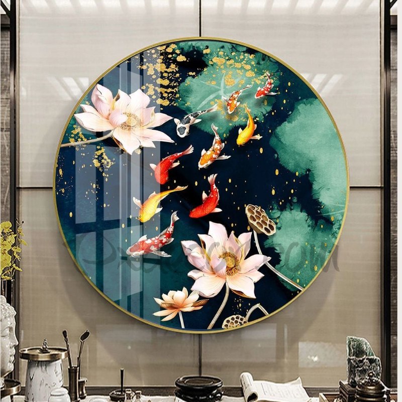 Tranh tráng gương 3D cá chép hoa sen hình tròn