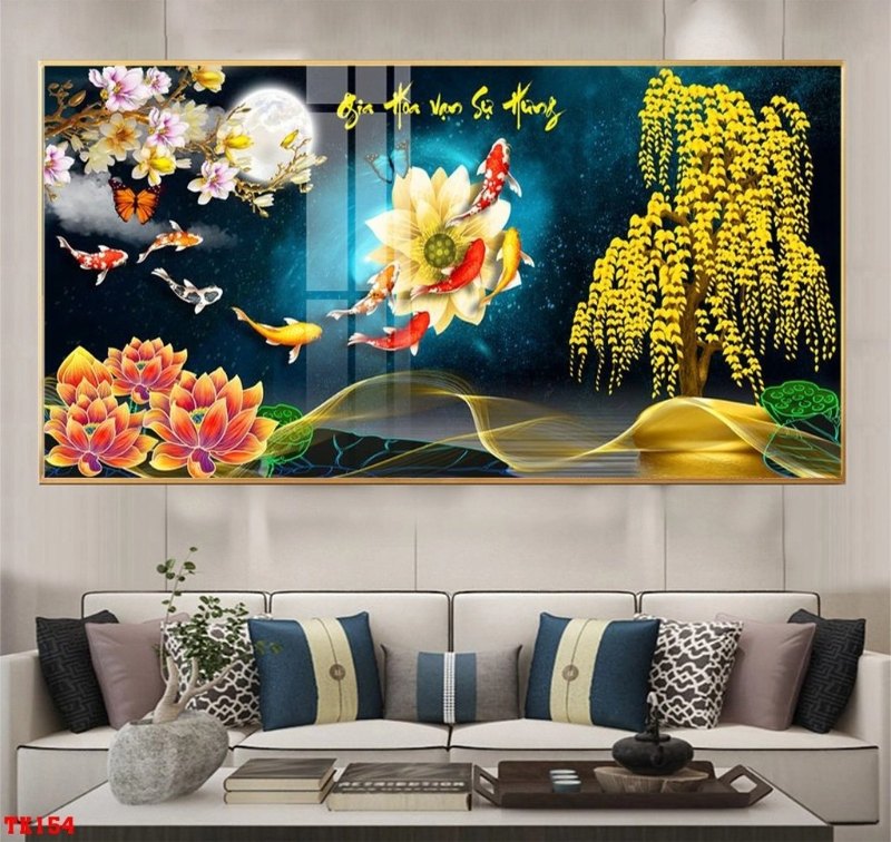 Tranh tráng gương 3D Song ngư hoa sen phong thủy
