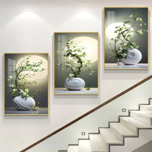 Tranh tráng gương 3D bình hoa trắng treo sườn cầu thang