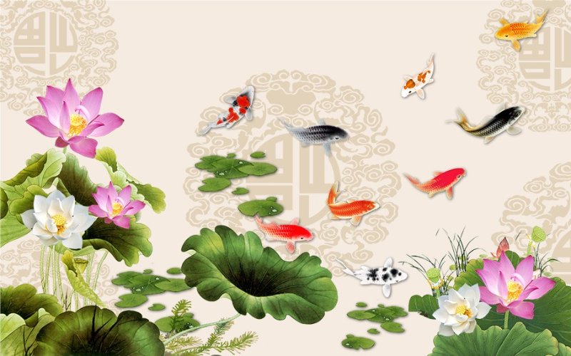 Tranh tường 3D Cửu ngư quần hội hoa sen